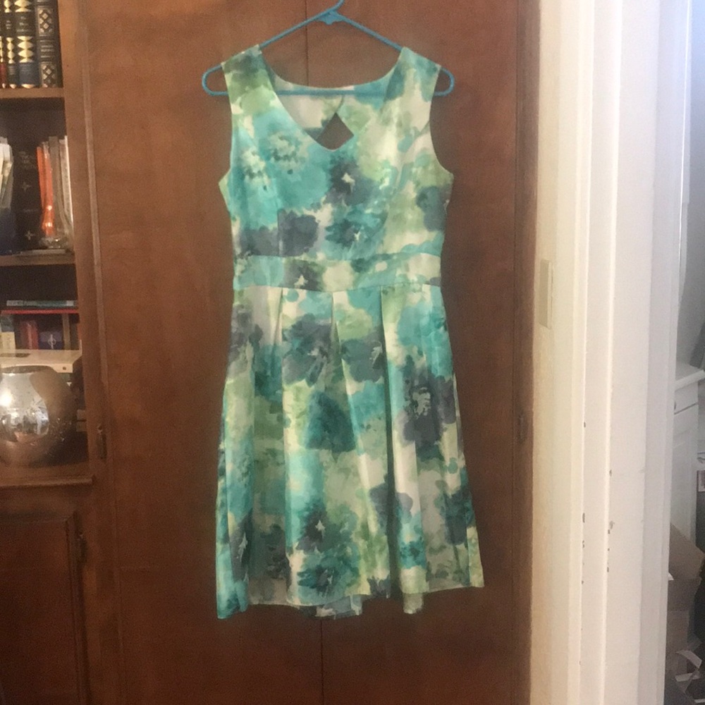 Blue/Green Abstract Floral Pleated Tea Party Dress